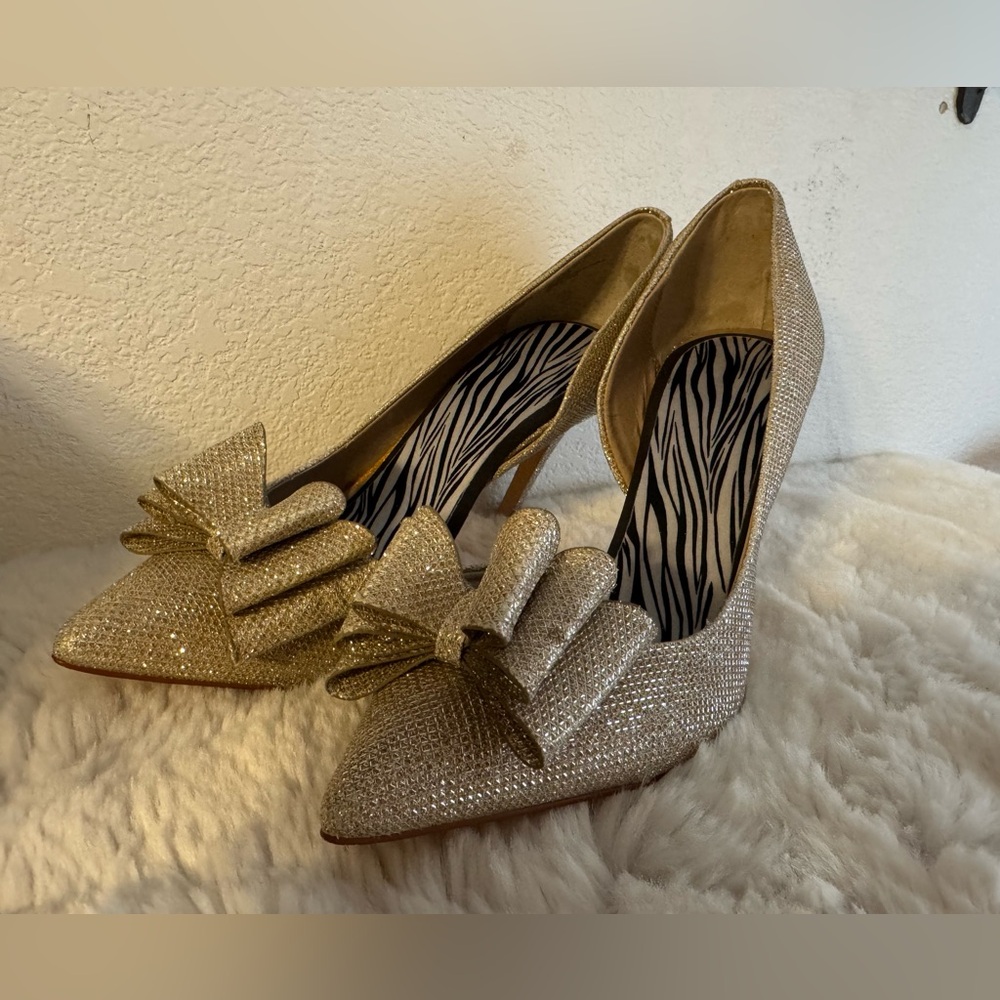 Betsey Johnson Sparkling Gold Heels with Bow